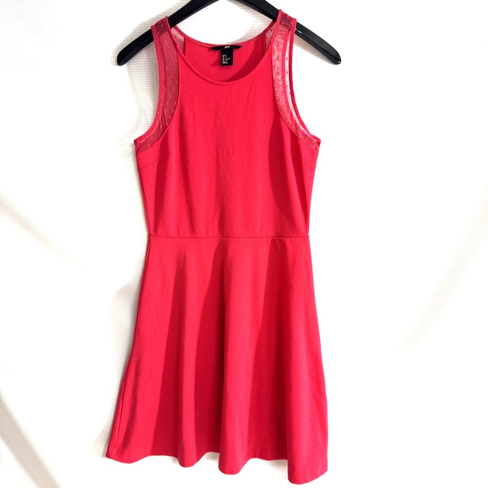 H&M Red Sleeveless Skater Dress with Sheer Mesh Shoulders - S
